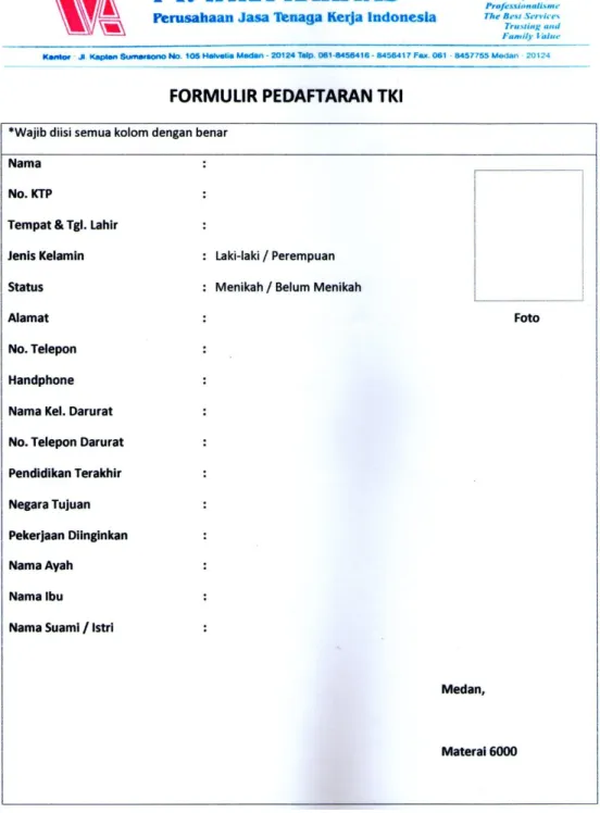 Gambar III.1. Formulir Pendaftaran TKI 