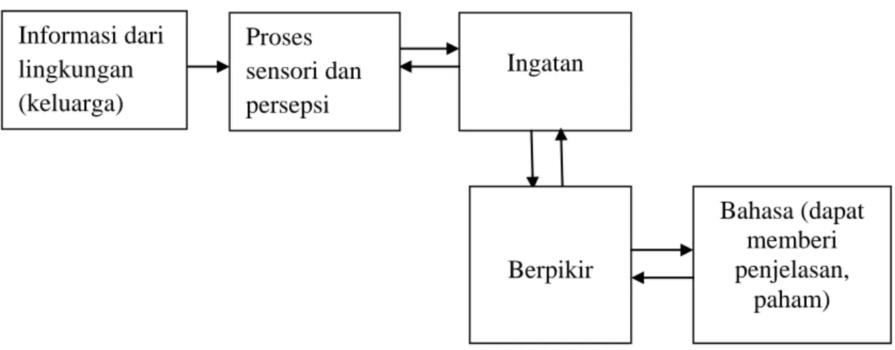 Gambar 2.1. Model Pemrosesan Informasi Sederhana (Santrock, 2003) Ingatan Proses sensori dan persepsi Informasi dari lingkungan (keluarga) Berpikir  Bahasa (dapat memberi penjelasan, paham) 