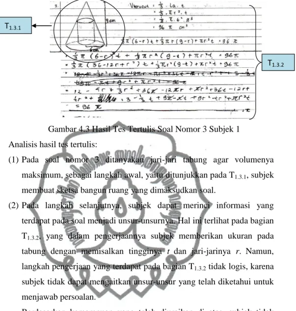 Gambar 4.3 Hasil Tes Tertulis Soal Nomor 3 Subjek 1  Analisis hasil tes tertulis: 