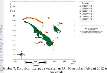 Gambar 6. Distribusi ikan pada kedalaman 50-75 meter bulan Februari 2012 secara horizontal 