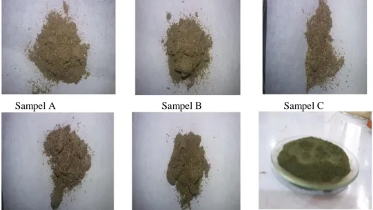 Gambar 4. Serbuk simplisia daun binahong (sampel F) dan serbuk sediaan kapsul daun  binahong (Sampel A, B, C, D dan E) 