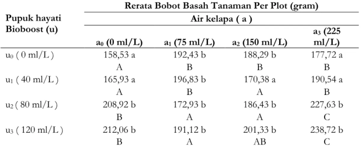 Tabel 6. Pengaruh Pemberian Konsentrasi Bioboost dan Air  Kelapa terhadap Bobot Segar  per    Tanaman