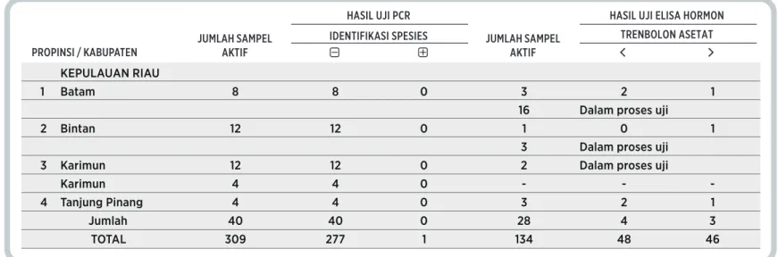 Tabel 19. Hasil Pengujian Identiﬁkasi Spesies dan Hormon Trenbolon Asetat Sampel Aktif  di Propinsi Kepulauan Riau