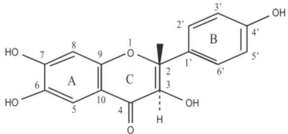 Gambar  9. Praduga struktur dihidroflavonol dengan  adanya guguso-diOH pada cincin A (6,7 atau 7,8) dan gugus 