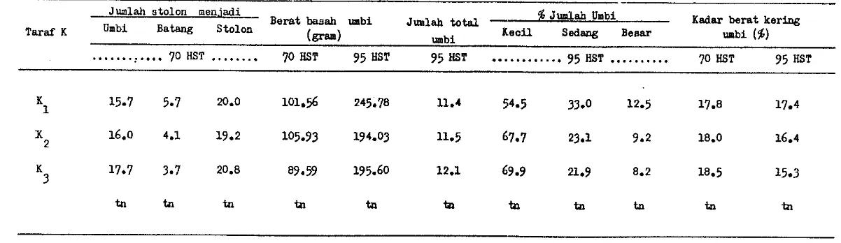 Tabel 5. Pengaruh Psn~bahan K terhadap Komponsn PrGduksi dm Kualitaa Uabi Tiap Tanman Umur 70 HST dan 95 HST 