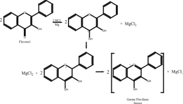 Gambar 1. Reaksi Flavonoid dengan Logam  Mg dan HCl (Septyaningsih, 2010).