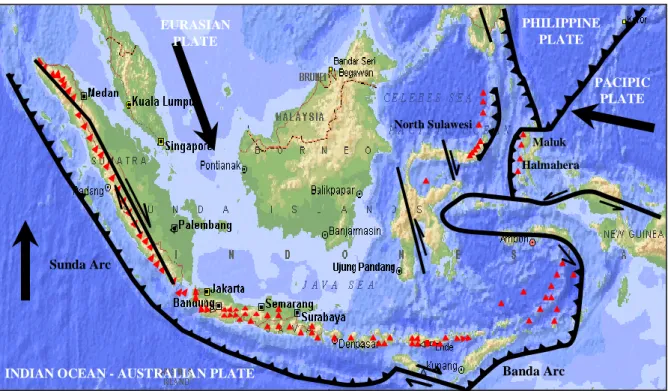Gambar 8. Kondisi geologi Kepulauan Indonesia yang rumit akibat dari interaksi tiga  lempeng besar, yaitu lempeng Eurasia, Lempeng Pasifik dan Lempeng India-Australia 