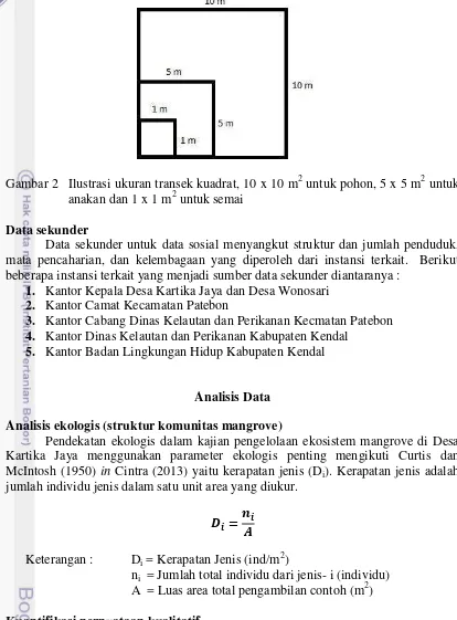 Gambar 2 Ilustrasi ukuran transek kuadrat, 10 x 10 manakan dan 1 x 1 m2 untuk semai 