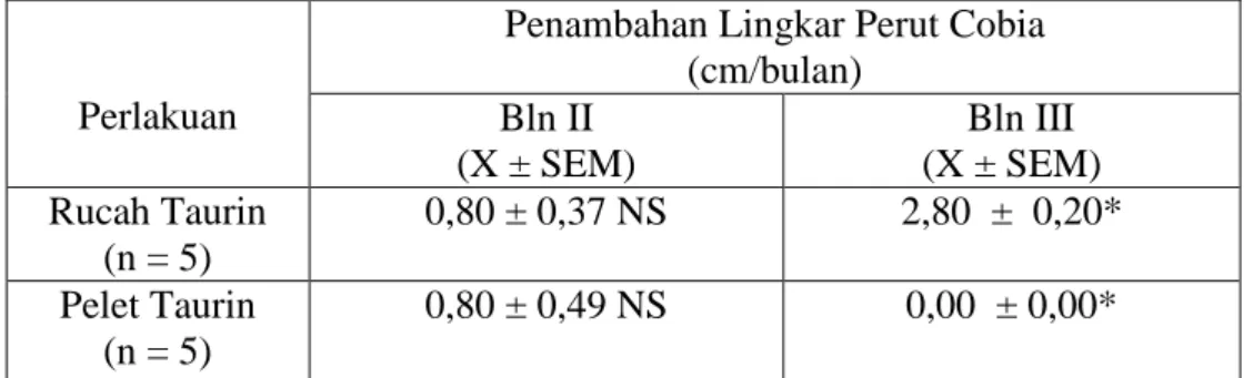 Tabel 5. Penambahan lingkar perut Cobia (R. canadum) dengan pemberian  senyawa osmolit organik taurin pada pakan ikan rucah dan pellet  selama 3 bulan