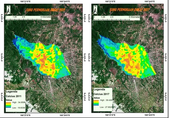 Gambar 6. Peta Perubahan Suhu Permukaan Darat Kota Bukittinggi Tahun 2011 dan Tahun 2017 Pada  gambar  di  atas  terlihat  bahwa  suhu  permukaan  darat  yang  paling  tinggi  berada  di  sekitar  area  kerapatan  bangunan  yang  tinggi  di  pusat  perkota