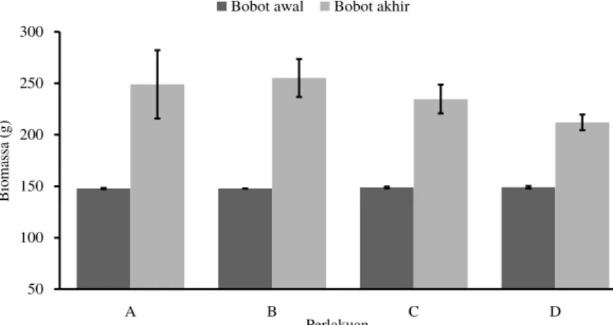Gambar 1. Biomassa ikan sidat semua perlakuan pada awal dan akhir percobaan.