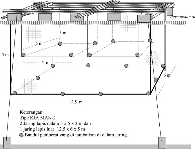 Gambar 1.  Keramba jaring apung berlapis yang diintroduksikan di Danau Maninjau