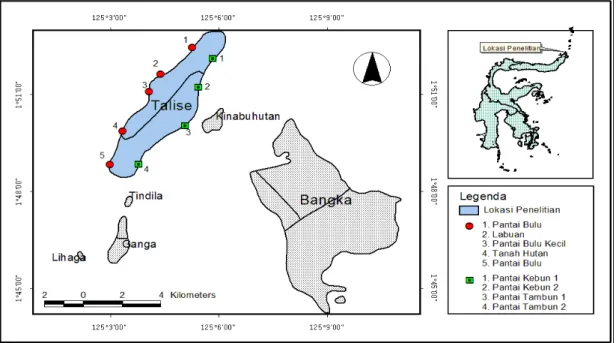 Gambar 1. Lokasi penelitian Ekhinodermata di perairan Talise, Minahasa Utara,2009.