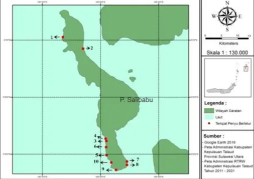 Gambar  3  menunjukkan        distribusi  tempat  bertelur  penyu  di                pulau Salibabu; dari kesepuluh lokasi,  