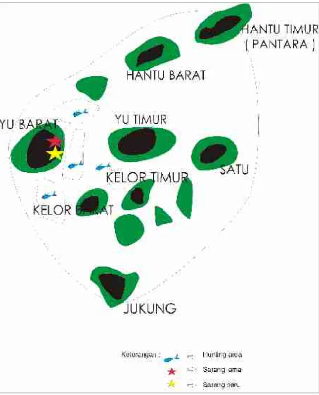 Gambar 4. Peta daerah jelajah (homerange) pasangan Elang Laut Perut Putih di P.Yu Timur dan daerah berburunya