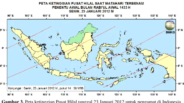 Gambar 3. Peta ketinggian Pusat Hilal tanggal 23 Januari 2012 untuk pengamat di Indonesia 