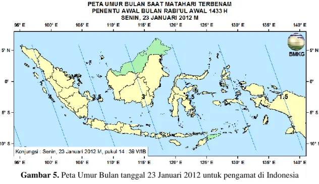 Gambar 5. Peta Umur Bulan tanggal 23 Januari 2012 untuk pengamat di Indonesia 