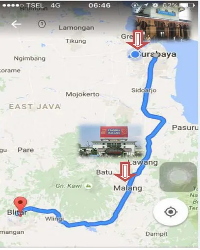 Gambar 1.2 Peta jalan rel kereta api Penataran jurusan Surabaya  Gubeng-Malang-Blitar 