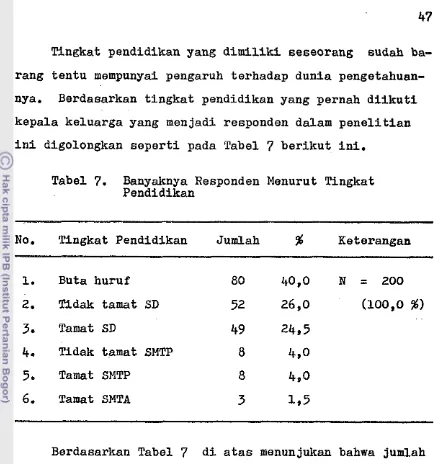 Tabel 7. Eknyaknya Responden Menurut Tingkat Pendidikan 