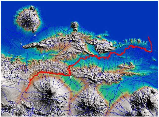 Figure  �.  The  old  map  by  De  Graaf  �left�  and  the  satellite  data  spatial  reconstruction model and the sedimentation phases of the Muria strait and  the ancient  coastal lines �right) 