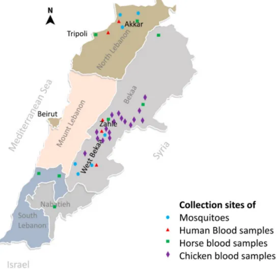 Figure 1. Map of Lebanon indicating the collection sites of mosquitoes and blood from human, horse, and chicken hosts.