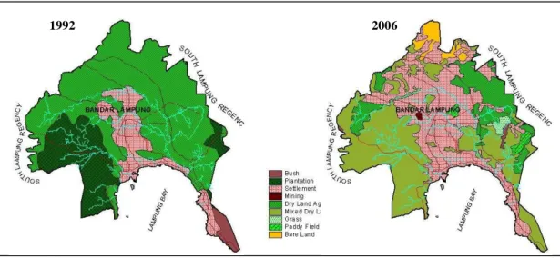 Tabel 2-2. Tipe penggunaan/penutup lahan tahun 1992 dan 2006  Tipe  penggunaan/penutup  lahan  1992  2006  perubahan  lahan tahun  1992 – 2006  (ha) 