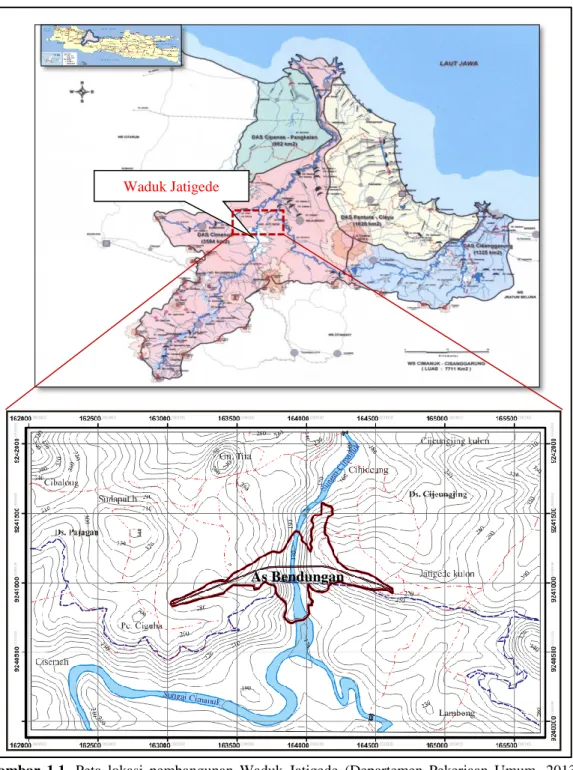 Gambar  1.1.  Peta  lokasi  pembangunan  Waduk  Jatigede  (Departemen  Pekerjaan  Umum,  2013)  dan lokasi penelitian di daerah rencana pembangunan pelimpah darurat