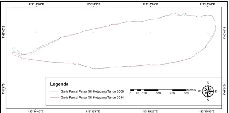 Gambar 7. Perubahan garis pantai Pulau Gili Ketapang tahun 2004 dan 2014 