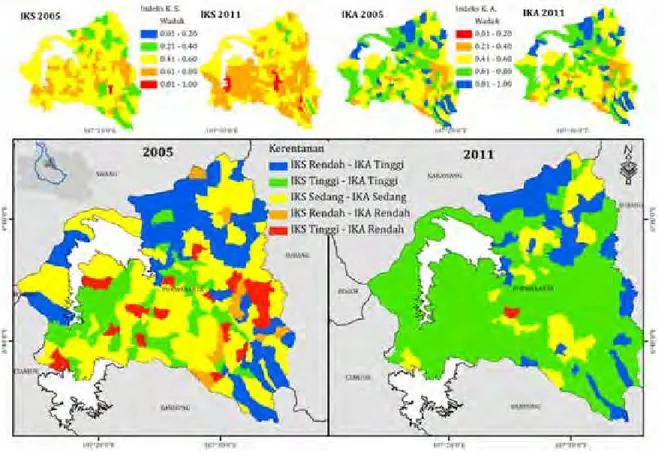 Gambar 3-9 Peta tingkat kerentanan 2005 dan 2011 Kabupaten Purwakarta 