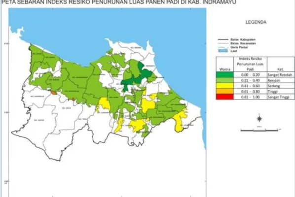 Gambar 7 Peta distribusi risiko penurunan luas lahan padi di Kabupaten Indramayu. 