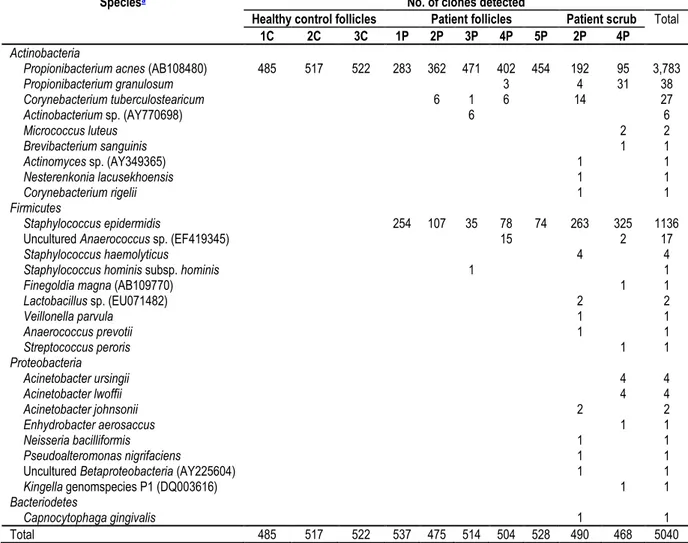 Tabel L-3.1: Bacterial diversity in follicles and superficial skin samples from  acne-affected subjects and healthy controls 