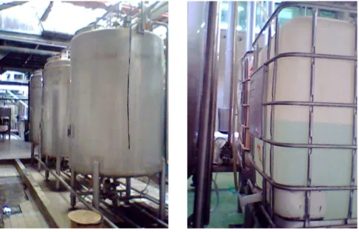 Gambar  4.  (a)  tangki  air  bilasan,  tangki  air  panas,  tangki  bahan  pembersih  asam  (dari  kiri  ke  kanan);  (b)  tangki  induk  pembersih  basa,  tangki induk pembersih asam 