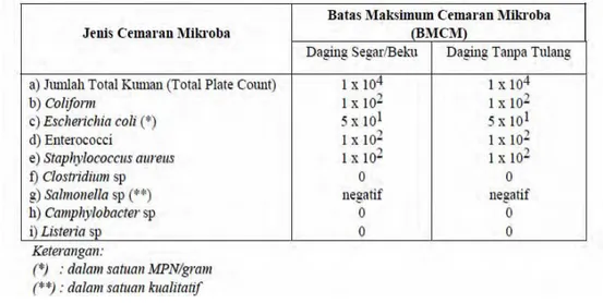 Tabel 7. Persyaratan Mutu Batas Maksimum Cemaran Mikroba pada Daging  Sapi Menurut SNI 01/6366/2000* 