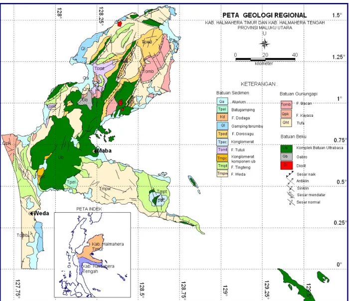 Gambar 2. Peta Geologi Regional Kabupaten Halmahera Timur dan Kabupaten Halmahera  Tengah 