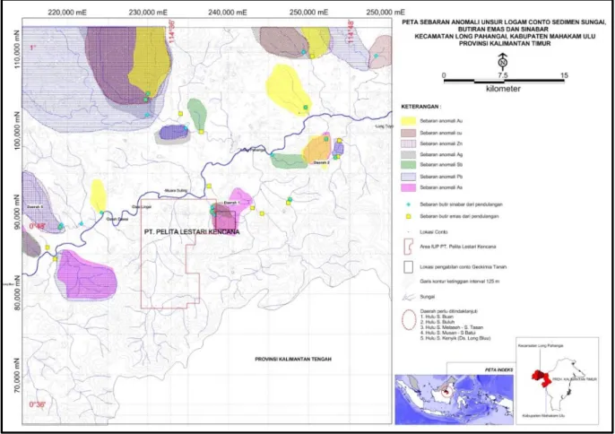 Gambar 5.  Peta Sebaran Anomali Unsur Logam Conto Sedimen Sungai, Butir Emas dan  Sinabar Kecamatan Long Pahangai, Kabupaten Mahakam Ulu, Provinsi Kalimantan Timur 