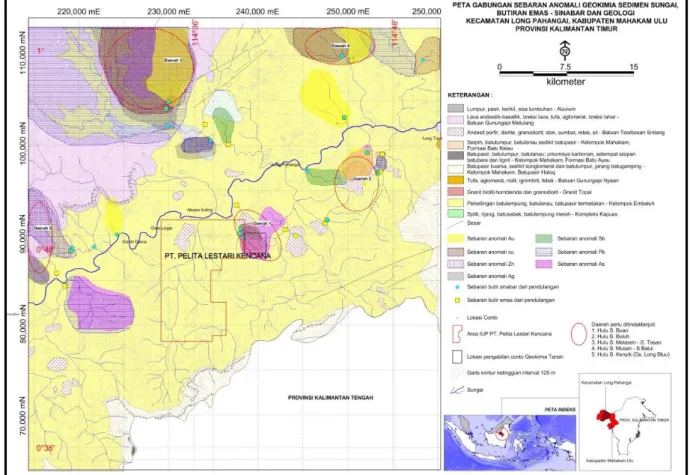 Gambar 7. Peta Gabungan Sebaran Anomali Geokimia Sedimen Sungai, Butiran Emas -  Sinabar dan Geologi, Kecamatan Long Pahangai, Kabupaten Mahakam Ulu, Provinsi 