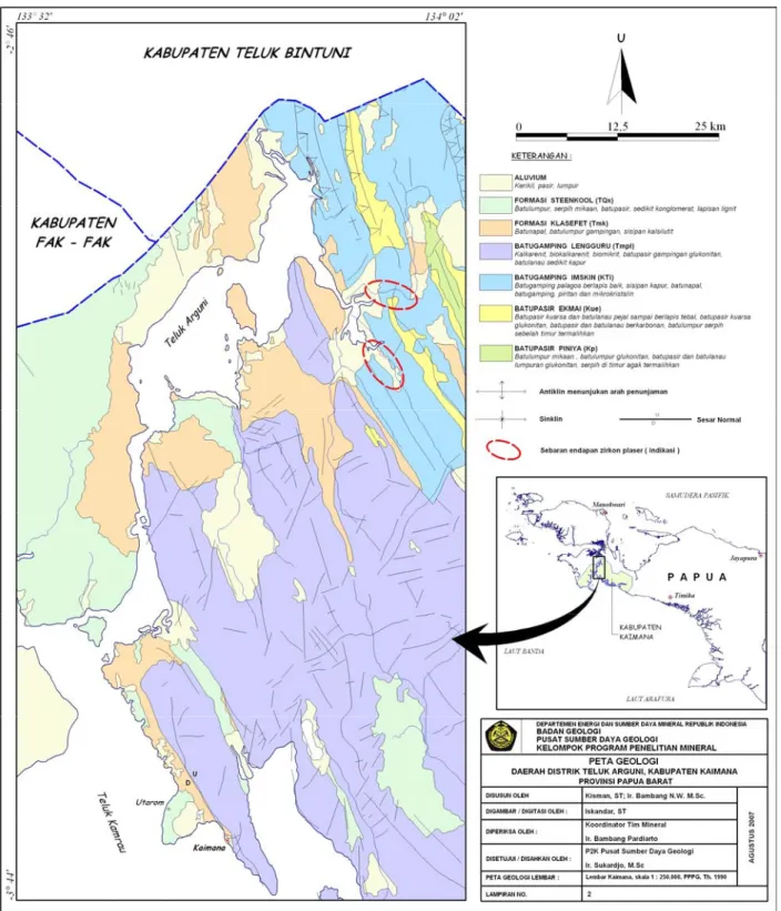 Gambar 4. Peta Geologi dan Lokasi Endapan Zirkon Daerah Distrik Teluk Arguni dan Sekitarnya,  Kabupaten Kaimana, Provinsi Papua Barat 