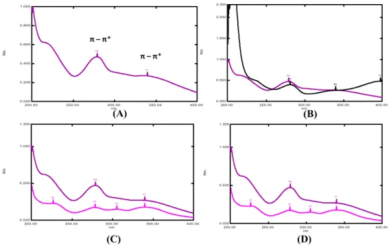 Gambar 2. Spektrum UV isolat dengan pelarut metanol (A), dengan penambahan pereaksi penggeser NaOH  (B), AlCl 3  (C) dan AlCl 3  + HCl (D) 