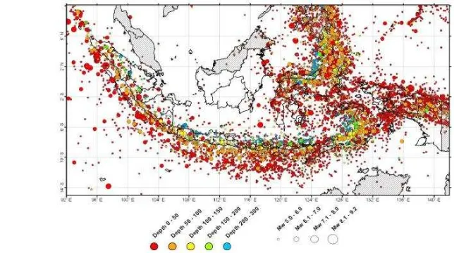 Gambar 1. Data Episenter Gempa Utama di Indonesia dan Sekitarnya untuk Magnituda M ≥ 5 yang Dikumpulkan dari Berbagai Sumber dalam Rentang Waktu 1900-2009 