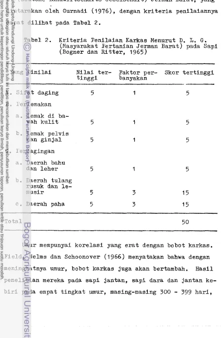 Tabel 2. K r i t e r i a  Penilaian Karkas Menurut D. L. G. 