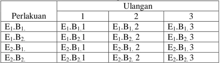 Tabel 3.2. Rancangan Percobaan  Perlakuan  Ulangan  1  2  3  E 1 .B 1.  E 1 .B 1. 1  E 1 .B 1