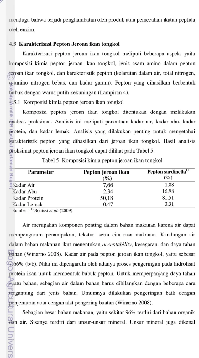 Tabel 5  Komposisi kimia pepton jeroan ikan tongkol  Parameter  Pepton jeroan ikan 