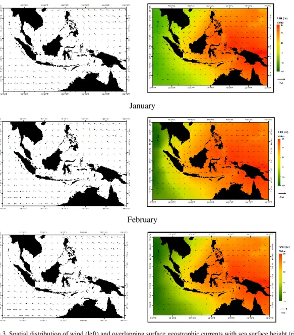 Figure 3. Spatial distribution of wind (left) and overlapping surface geostrophic currents with sea surface height (right) at  Indonesian Seas in the Northwest Season (label not so clear) 