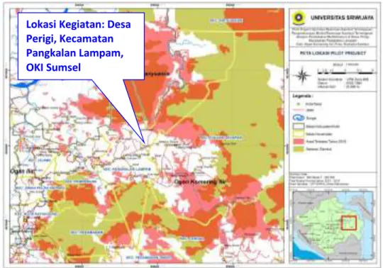 Gambar 2.  Peta  lokasi  kegiatan restorasi  di Desa  Perigi,  Kecamatan  Pangkalan  Lampam, Kabupaten Ogan Komering Ilir, Propinsi Sumatera Selatan Lokasi Kegiatan: Desa 