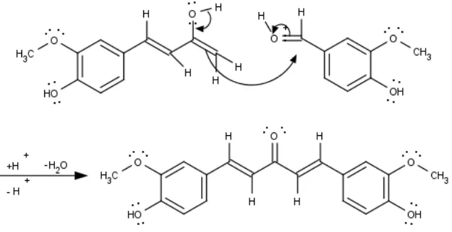 Gambar 3. Reaksi sintesis GVT-0 dengan strating material vanilin dan aseton dengan katalis HCl (Sardjiman, 2000)