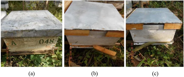 Gambar 1 Modifikasi ventilasi tutup stup lapis seng (a) P1 (kontrol), (b) P2 (50 cm2), dan (c) P3 (100 cm2) 