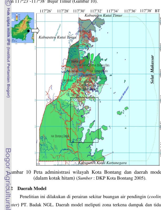 Gambar 10  Peta administrasi wilayah Kota Bontang dan daerah model  (dalam kotak hitam)  (Sumber : DKP Kota Bontang 2005).