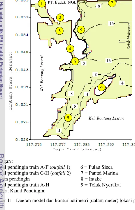 Gambar 11   Daerah model dan kontur batimetri (dalam meter) lokasi penelitian. 