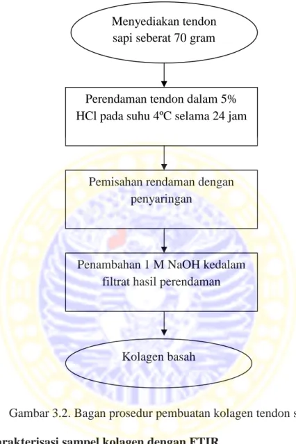 Gambar 3.2. Bagan prosedur pembuatan kolagen tendon sapi  3.3.4  Karakterisasi sampel kolagen dengan FTIR 