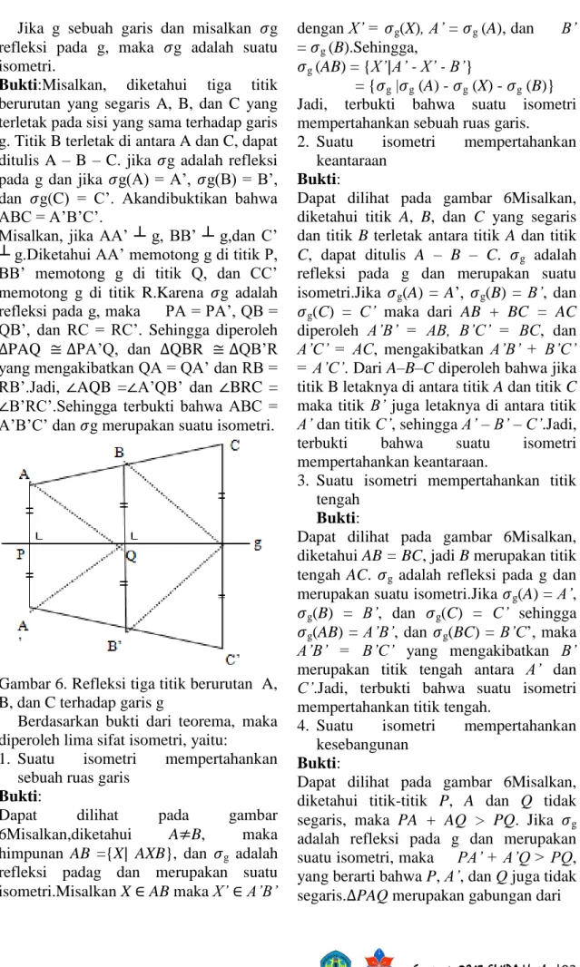 Gambar 6. Refleksi tiga titik berurutan  A,  B, dan C terhadap garis g 